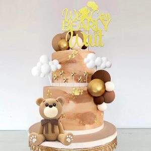 Decoraciones para tarta de oso con bolas de oso y estrellas, nubes, decoraciones para tartas para baby shower, cumpleaños y fiesta de niños (set de oso marrón)