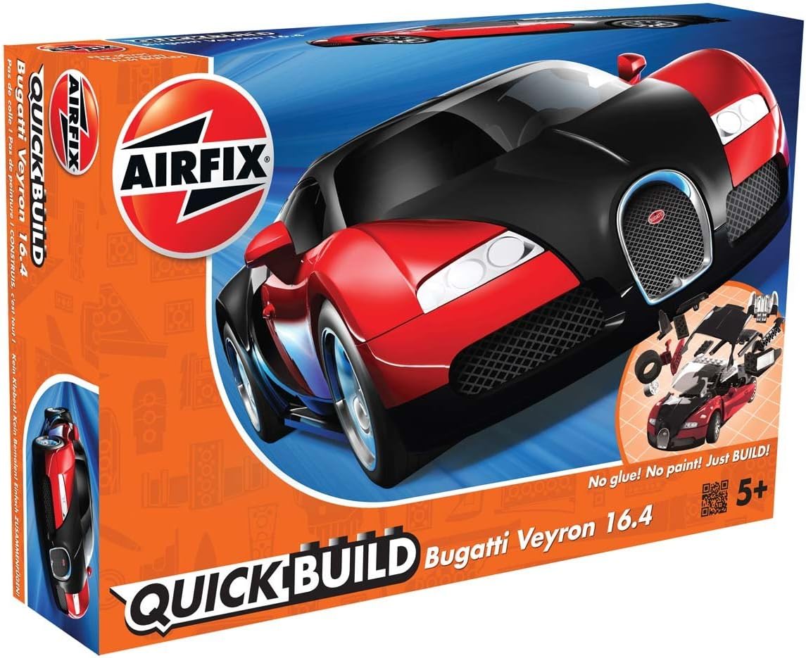 Airfix J6020 Quickbuild - Kits de autos de plástico para modelo, Bugatti 16.4 Veyron negro/rojo, kit de fácil montaje, autos de carreras clásicos para adultos y niños, modelos de autos deportivos, juego de juguetes de construcción