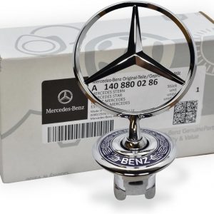 Mercedes Benz Genuine Vehicle Hood Star Emblem Badge (140-880-02-86, Chrome and Blue Laurel Wreath)
