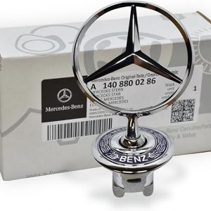 Mercedes Benz Genuine Vehicle Hood Star Emblem Badge (140-880-02-86, Chrome and Blue Laurel Wreath)