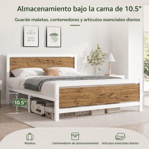 Catrimown Marco de Cama Tamaño Full con Cabecero, Marco de Cama de Metal Full con Soporte de Listones de Acero, Almacenamiento Bajo la Cama, No Necesita Somier, Sin Ruido, Fácil Montaje, Blanco