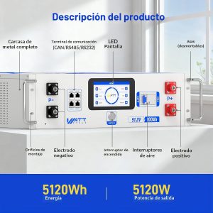 Wattcycle - Batería LiFePO4 de 48 V, 100 Ah, 100 A, BMS, montaje en rack LCD Bluetooth
