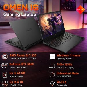 HP Omen 16 16" AMD Ryzen AI 7 350 RTX 5060 Gaming Laptop, 16GB DDR5 1TB SSD
