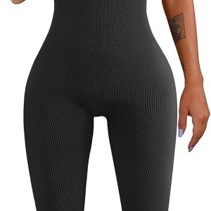 YIOIOIO Womens Workout Ribbed Jumpsuit Yoga Square Neck Leggings Romper