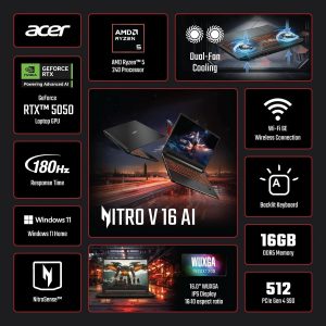 Acer Nitro V 16 AI WUXGA (1920 x 1200) IPS 180Hz Gaming Laptop AI PC, AMD Ryzen 5 240 Processor, NVIDIA GeForce RTX 5050 8GB GDDR7 VRAM, 16GB RAM, 512GB SSD, (16", R5, RTX5050)