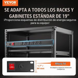 VEVOR Tira de alimentación horizontal de 12 enchufes de 1U para montaje en rack PDU para racks de servidores de red, protección contra sobretensiones y sobrecargas, 110-125V/15A, con cable de