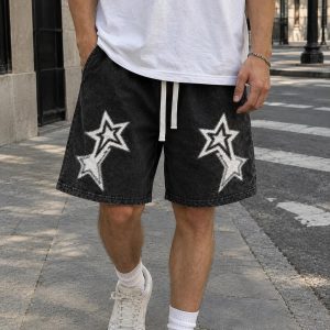 Men's Star Graphic Vintage Shorts Streetwear Drawstring Waist Jorts with Pockets Y2k Printed Washed Casual Shorts