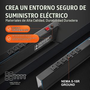 VEVOR Tira de alimentación horizontal de 12 enchufes de 1U para montaje en rack PDU para racks de servidores de red, protección contra sobretensiones y sobrecargas, 110-125V/15A, con cable de