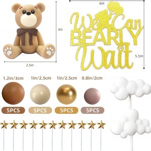 Decoraciones para tarta de oso con bolas de oso y estrellas, nubes, decoraciones para tartas para baby shower, cumpleaños y fiesta de niños (set de oso marrón)