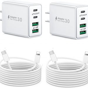 Paquete de 2 cargadores de carga rápida para iPhone 14 y 13, 40 W, 4 puertos USB C, bloque de cargadores con cable USB C a Lightning de 6 pies para iPhone 14 13 12 11 Pro Max XS XR X 8, adaptador de corriente de enchufe de pared múltiple caja de carga
