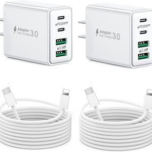 Paquete de 2 cargadores de carga rápida para iPhone 14 y 13, 40 W, 4 puertos USB C, bloque de cargadores con cable USB C a Lightning de 6 pies para iPhone 14 13 12 11 Pro Max XS XR X 8, adaptador de corriente de enchufe de pared múltiple caja de carga