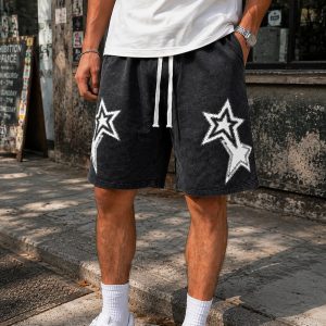 Men's Star Graphic Vintage Shorts Streetwear Drawstring Waist Jorts with Pockets Y2k Printed Washed Casual Shorts