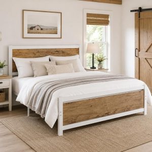 Catrimown Marco de Cama Tamaño Full con Cabecero, Marco de Cama de Metal Full con Soporte de Listones de Acero, Almacenamiento Bajo la Cama, No Necesita Somier, Sin Ruido, Fácil Montaje, Blanco