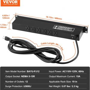VEVOR Tira de alimentación horizontal de 12 enchufes de 1U para montaje en rack PDU para racks de servidores de red, protección contra sobretensiones y sobrecargas, 110-125V/15A, con cable de