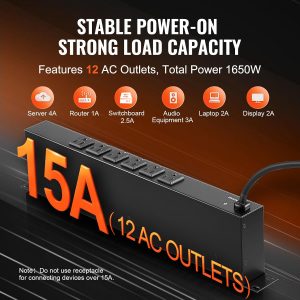 VEVOR Tira de alimentación horizontal de 12 enchufes de 1U para montaje en rack PDU para racks de servidores de red, protección contra sobretensiones y sobrecargas, 110-125V/15A, con cable de