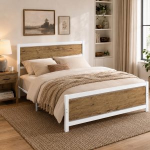 Catrimown Marco de Cama Tamaño Full con Cabecero, Marco de Cama de Metal Full con Soporte de Listones de Acero, Almacenamiento Bajo la Cama, No Necesita Somier, Sin Ruido, Fácil Montaje, Blanco