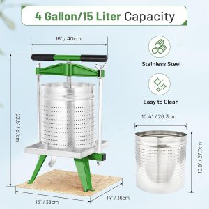 4 Gallon / 15L Mosakar Fruit Wine Press. All juice contact parts are AISI 304 Stainless Steel. Apple Grape Cider Press for Home Brewing