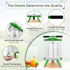 4 Gallon / 15L Mosakar Fruit Wine Press. All juice contact parts are AISI 304 Stainless Steel. Apple Grape Cider Press for Home Brewing