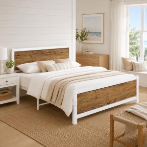 Catrimown Marco de Cama Tamaño Full con Cabecero, Marco de Cama de Metal Full con Soporte de Listones de Acero, Almacenamiento Bajo la Cama, No Necesita Somier, Sin Ruido, Fácil Montaje, Blanco
