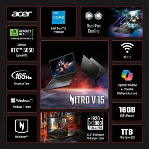 acer Nitro V Gaming Laptop, 15.6" FHD IPS Display, 165Hz, Intel i5-13420H, NVIDIA GeForce RTX 5050 with 8GB GDDR7 VRAM, 16GB RAM, 1TB SSD, BK, Win11H, Obsidian Black, TWE Accessories