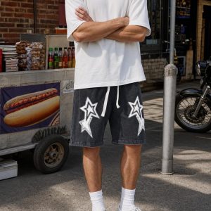 Men's Star Graphic Vintage Shorts Streetwear Drawstring Waist Jorts with Pockets Y2k Printed Washed Casual Shorts