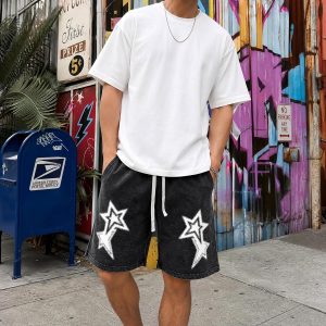 Men's Star Graphic Vintage Shorts Streetwear Drawstring Waist Jorts with Pockets Y2k Printed Washed Casual Shorts