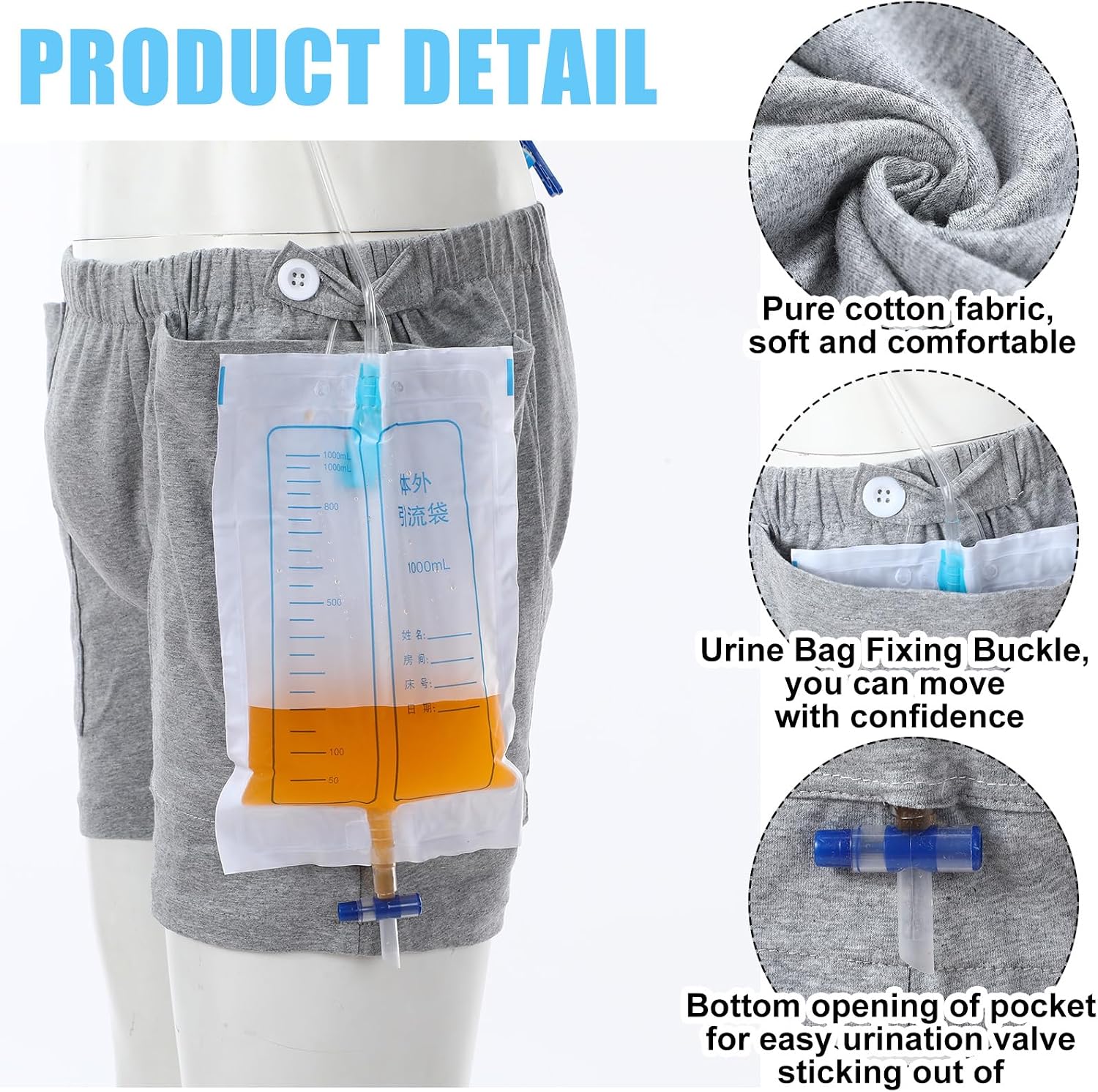 Timgle 6 piezas de pantalones de bolsa de orina, ropa interior con catéter para el cuidado de la incontinencia, bolsa de drenaje de orina, pantalones de cuidado de drenaje de ostomía, ropa interior para cirugías abdominales, pacientes con incontinencia, doble bolsillo