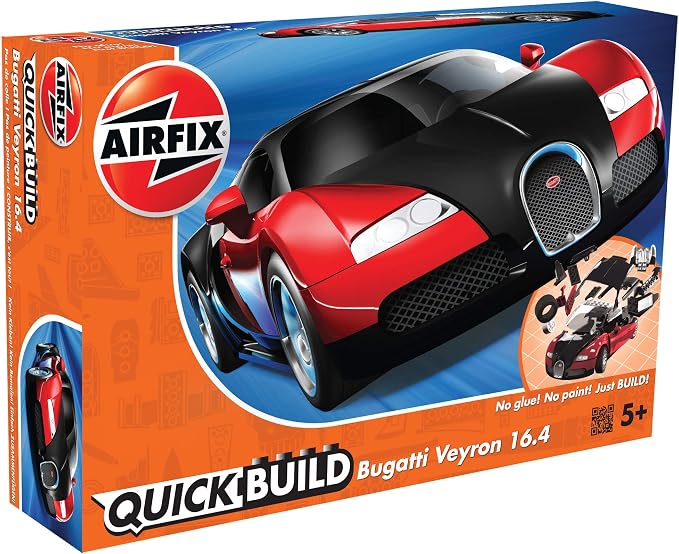 Airfix J6020 Quickbuild - Kits de autos de plástico para modelo, Bugatti 16.4 Veyron negro/rojo, kit de fácil montaje, autos de carreras clásicos para adultos y niños, modelos de autos deportivos, juego de juguetes de construcción