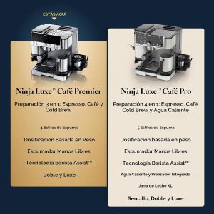 Ninja Luxe Café 3 en 1 - Máquina de café expreso, café por goteo y café frío | Molinillo de café integrado, espumador de leche, manipulación asistida y almacenamiento de accesorios de espresso