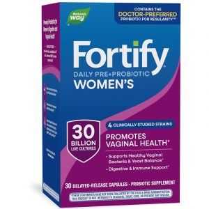 🌿 Nature’s Way® Fortify® Women’s Probiotic 30 Billion (Microbiota Femenina · Digestión · Salud Vaginal · Inmunidad) ⭐ Probiótico de alta potencia formulado específicamente para mujeres, con 30 mil millones de cultivos probióticos vivos por cápsula, provenientes de múltiples cepas de Lactobacillus y Bifidobacterium. Su fórmula combina probióticos seleccionados y fibra prebiótica de raíz de achicoria para apoyar el equilibrio de la microbiota, la salud digestiva, vaginal e inmunológica.