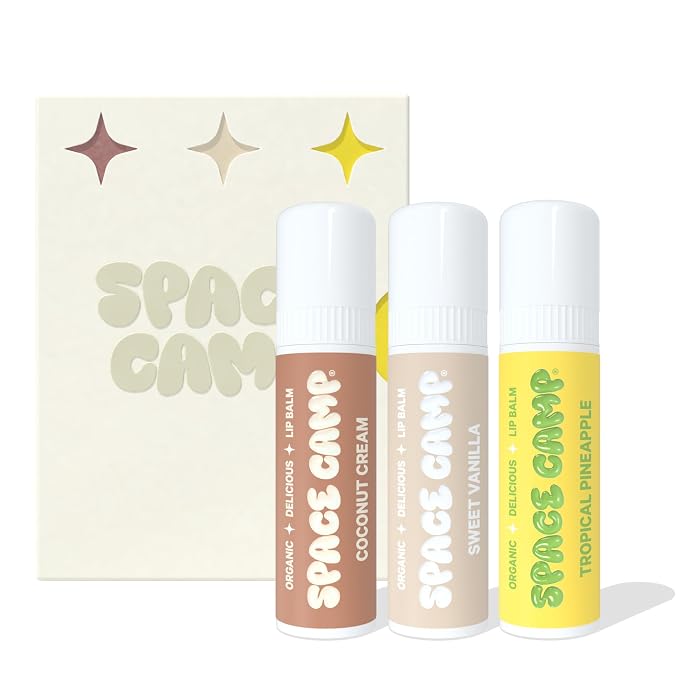 Space Camp Wellness - Juego de regalo de bálsamo labial jumbo – Bálsamo labial hidratante con sabor orgánico, paquete de 3 (piña tropical, vainilla dulce, crema de coco) – Bálsamo hidratante para labios secos
