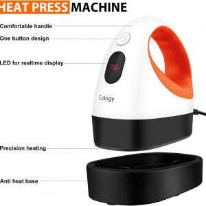 Calogy Mini Heat Press, Heat Transfer Machine, Constant Temp Control, Insulated Safety Base, Fits for Crafts, T-Shirt, Hat, Cap, Pillows (White Orange)