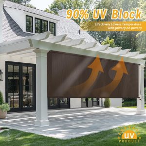sunoff Outdoor Roller Shades, Cordless Patio Roller Up Blinds with Shade Cloth for Porch Gazebo Pergola Balcony Backyard, 2 Poles & 1 Fabric, Mocha, 96" Wx96 H