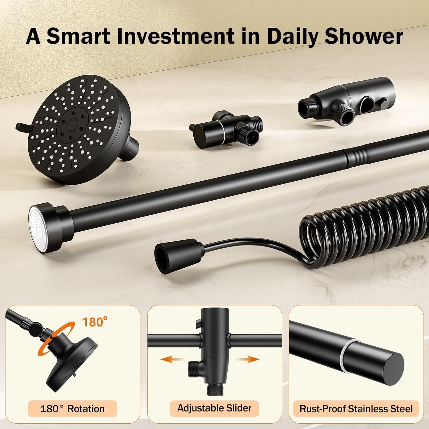 Dual Shower Head with Original Adjustable Slider, Double Showerhead, Black