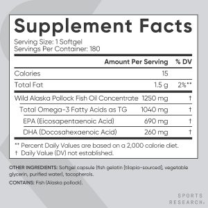 Sports Research® Omega-3 Fish Oil 1250mg from Wild Alaska Pollock,180 Count