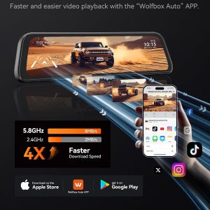 WOLFBOX G840S 12" 4K Mirror Dash Cam Backup Camera with 32GB Card and GPS