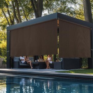 sunoff Outdoor Roller Shades, Cordless Patio Roller Up Blinds with Shade Cloth for Porch Gazebo Pergola Balcony Backyard, 2 Poles & 1 Fabric, Mocha, 96" Wx96 H
