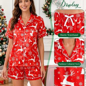 Womens Silky Pajama Sets Short Sleeve Loungewear 2 Pcs Satin Soft Pj Sets Button Down Women's Summer Sleepwear