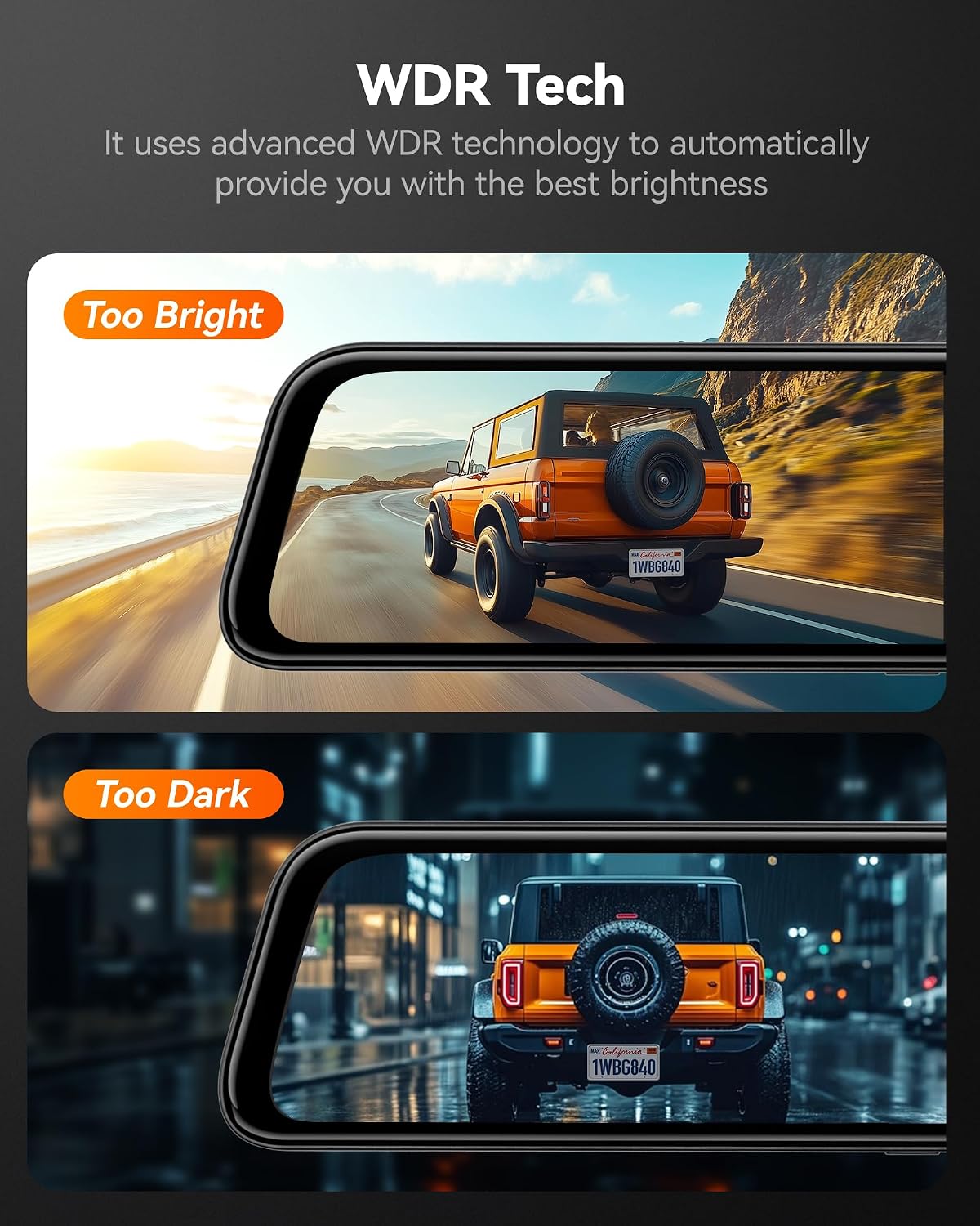 WOLFBOX G840S 12" 4K Mirror Dash Cam Backup Camera with 32GB Card and GPS