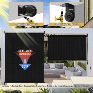 Shade&Beyond Persianas enrollables para exteriores con diseño empalmado, 12 pies de ancho x 8 pies de alto, sin cables, para patio, porche, cenador, pérgola, balcón, negro