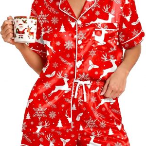 Womens Silky Pajama Sets Short Sleeve Loungewear 2 Pcs Satin Soft Pj Sets Button Down Women's Summer Sleepwear