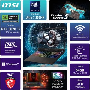 msi Portátil para juegos Vector 16 HX AI | QHD+ IPS 240Hz de 16 pulgadas | Intel Core Ultra 7 255HX | 32 GB DDR5 1TB SSD | GeForce RTX 5070 Ti (hasta 992 AI Tops) | RGB retroiluminado Thunderbolt 5 Win11 Pro con accesorio DLCA