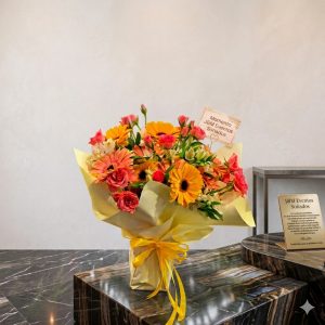 Ramo de Gerberas y Rosas en Tonos Cálidos con Moño Amarillo | Floristería J&M