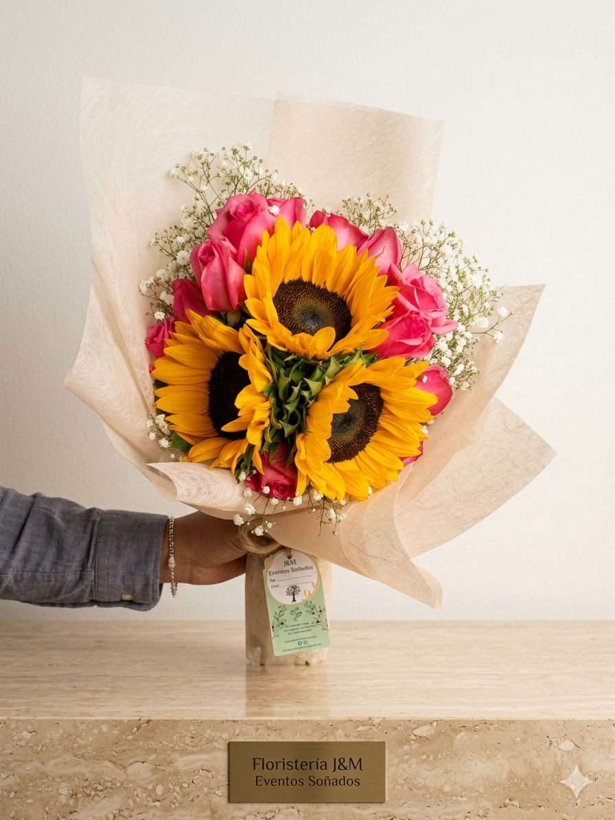 “Dulce Amanecer” – Rosas Rosadas & Girasoles